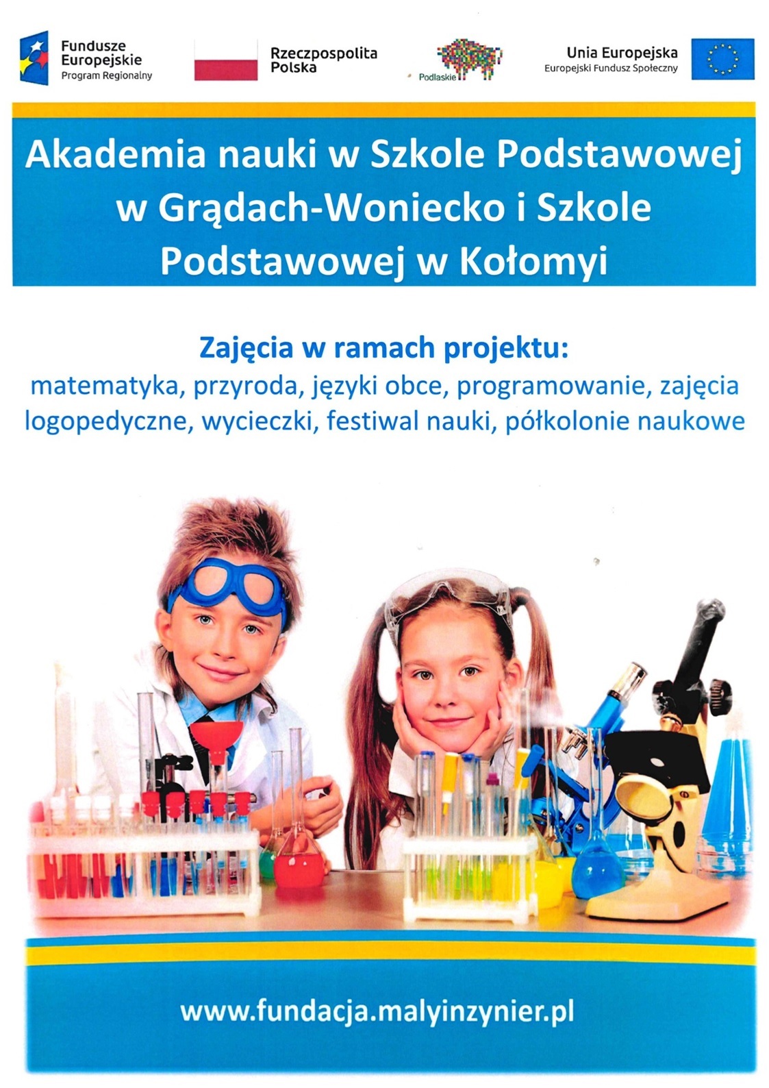 plakat dotyczący akademii nauki na zdjęciu dzieci w laboratorium